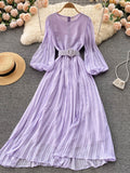 gwmlk Vintage Yellow/Purple/Blue Polka Dot Chiffon Long Dress Women Elegant O-Neck Puff Sleeve Pleated Party Robe Female 2023