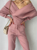 gwmlk New Sexy Off Shoulder Knitted Two Piece Set Women Long Sleeve Sport Tracksuit 2 Piece Sweater Pants Suits Matching Sets