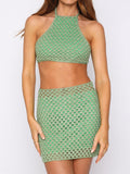 gwmlk Y2K Hollow Out Knit Skirt Sets Women Solid Sleeveless Halter Tie Up Crop Tops+Mini Skirts Female Summer Sexy Two Piece Sets