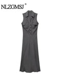 Gwmlk TRAF Women Linen Dress 2023 Summer Solid Ladies Long Midi Dress Vintage Lapel Sleeveless Button Up Streetwear