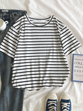 gwmlk Short Sleeve Korean O-Neck Casual Fashion Shirt Camiseta Feminina Tops T Shirt Women Solid Color Striped Punk T-shirt