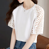 Gwmlk Hollow Short Sleeve White Blouse O Neck Women Simple T-shirt Elegant 2023 Tops New Casual Loose Ladies Shirt Blusas 26752