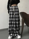 gwmlk and White Plaid pants New Women Casual Loose Wide Leg Trousers Ins Retro Teen Straight Trousers Hiphop Streetwear