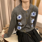 Gwmlk Women Embroidery Flower Knit Cardigans 2023 Autumn O-Neck Single Breasted Female Sweaters Coats Preppy Chic Knitwear