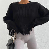 Gwmlk Ripped Sweater Women Fashion Streetwear Autumn Winter Solid Round Neck Long Sleeve Loose Style Knitted Tops Pullovers