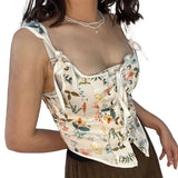 Gwmlk New Women Sexy Bodycon Tank Tops Waist French Camisole Flower Print U-Neck Cross Strappy Girdle Bustiers Corsets