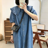 Gwmlk Style Summer Doll Collar Denim Dress Short Sleeves Loose Cute Midi Dress