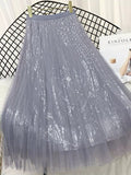 gwmlk Summer Skirts Women Korea Long Tulle Skirt Sequined Pleated A Line Midi Skirt Chic High Waist Skirt Female