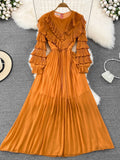 gwmlk Vintage Women Pleated Party Long Dress Elegant Round Neck Lantern Sleeve High Waist Ruffle Draped Maxi Vestidos Female