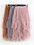 gwmlk Women irregular Tulle Skirts Fashion Elastic High Waist Mesh Tutu Skirt Pleated Long Skirts Midi Skirt Saias Faldas Jupe Femmle