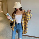 Gwmlk Y2K Harajuku Women Plaid Blouse Vintage Loose Single-Breasted Casual Shirts Woman Korean Streetwear Long Sleeve Shirt