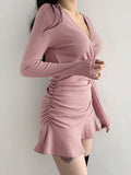 gwmlk Knitted Ribbed Midi Dresses For Women V Neck Elegant Korean Clothes Long Sleeve Ruffles Bodycon Dresses Autumn