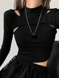 gwmlk Knitted Crop Tops Women New Fitness Fake Two-piece T-shirt Female Black White Long Sleeve Tops