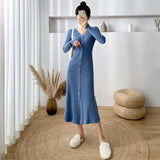 Gwmlk Elegant Knitted Long Dress for Women Korean Chic Buttons Slim Fit Midi Dresses Female Streetwear V Neck Party Vestidos