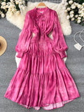 gwmlk Vintage Women Purple/Blue/Green Long Dress Elegant Ruffle Round Neck High Waist Lantern Sleeve Draped Maxi Vestidos New