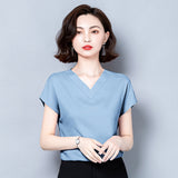 Gwmlk Blouses for Women Fashion Satin Casual T-shirt Solid V-neck Womens Tops Silk Elegant Short Sleeve Blouse Women Clothing