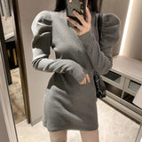 Gwmlk Women's Turtleneck Knitted Dress Fashion Slim Fit Puff Long Sleeve Mini Dresses Female Korean Elegant Bodycon Hip Dress