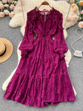 gwmlk Autumn Women Lace Midi Dress Vintage Round Neck Lantern Long Sleeve High Waist A-Line Elegant Party Robe New Fashion 2023