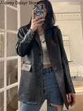 Gwmlk Black Leather Moto Jacket High Street Chic Loose Leather Suit Blazers Streetwear Ladies Fashion Trend Thin Biker Coat New