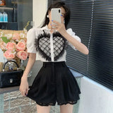 Gwmlk Black Lace Patchwork Shorts Women Korean High Wiast A-Line Pleated Skirt Pants Woman Street Trend All-Match Suit Shorts