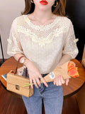 Gwmlk Hollow Women Tops Summer French Style Sweet Blouse 2023 New Fashion Half Sleeve Clothes Apricot Lace Shirt Blusas 21217