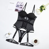 Gwmlk Lingerie Corset Outfits 4-Piece Seamless Sexy Porn Underwear Uncensored Sheer Lace Sissy Erotic Set Black Intimate