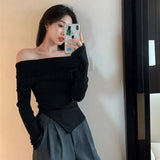 Gwmlk Korean Chic Irregular Sweater Pullover Women Elegant Slash Neck Knit Jumpers Female Sexy Off Shoulder Ribbed Pullovers