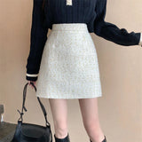 Gwmlk New Autumn Winter Tweed Mini Skirts Women Korean Chic High Waist Short Skirts Female Elegant Wild Slim A-Line Skirt