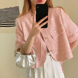 Gwmlk High Quality Korean Tweed Paillette Short Sleeve Jacket Coat Women Korean Fashion Sequin Short Outerwear Top