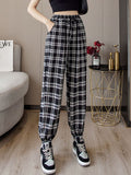 gwmlk Women New Bunch of feet Fashion Loose Black Plaid Summer Harajuku Students Streetwear Harem Long Trousers Womens Chic