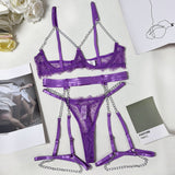 Gwmlk Sensual Lingerie Cut Out Bra Exotic Sets Sexy Garter Outfit With Chain Intimate g-Strings Thongs Fetish 3-Piece