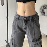 Gwmlk Vintage 90s Streetwear Cargo Pants Women All-match Pockets Baggy Wide Leg Jeans Woman High Waist Straight Denim Trouser