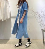 Gwmlk Women Summer Dress 2023 Loose Casual Denim Midi Skirt Single Breasted Cardigan Skirt Temperament Simple Dress