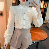 Gwmlk Korean Fashion Lace Chiffon Blouse Women Elegant Ruffles Patchwork Ladies Shirts White Stand Collar Long Sleeve Tops 18874