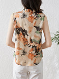 Gwmlk Satin Women's Silk Blouse Shirt Sleeveless Women Shirts Blouses Polo-Neck Chiffon Print Laides Tops Summer Vintage Clothing