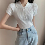 Gwmlk Turndown Collar Women Sweater T-Shirts Summer Ribbed Thin Knitted Tees Tops Woman Korean Button Up Cropped Pullover