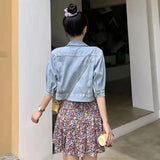 Gwmlk Vintage Women's Denim Jacket Korean Fashion Half Sleeve Cropped Jean Jackets Female 2023 Summer All-Match Lapels Coat