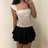 gwmlk Y2K Lace Crop Top Bow Square Collar T Shirt Women Chic Fairycore Tee Korean Harajuku Basic Casual Pullovers Cute White