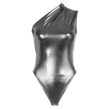 gwmlk y2k Sliver Bodycon Asymmetrical One Shoulder Bodysuits Women Fashion Sexy Streetwear Lounge Playsuits Clubwear Biker