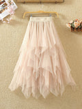 gwmlk Women irregular Tulle Skirts Fashion Elastic High Waist Mesh Tutu Skirt Pleated Long Skirts Midi Skirt Saias Faldas Jupe Femmle