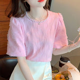 Gwmlk Elegant Beading Lace Blouse Puff Short Sleeve Women Korean Shirts O-neck Sweet Pleated New Casual Loose Tops Blusas 27169