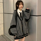 Gwmlk Preppy Style Knit Sweater Women Single Breasted V-Neck Warm Cardigan Woman Patchwork Grey Long Sleeve Sweaters Coat