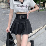 Gwmlk Korean High Waist Pleated Skirts Women Summer Khaki Black with Belt A-Line Skirt Woman All-Match Streetwear Mini Skirt