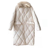 Gwmlk Collar Oversize Rhombus Pattern Long Parkas Pocket Female Warm Long Cotton Overcoat Single Breasted