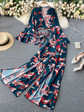 gwmlk Vacation Beach Two Piece Set Women Sexy V-Neck Bandage Short Tops + High Waist Split Wide Leg Pant Suit Spring Autumn