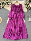 gwmlk Women Draped Long Dress Vintage V-Neck Lantern Sleeve High Waist A-Line Pleated Maxi Vestidos Purple/Red/Blue Robe New