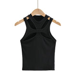 gwmlk New Asymmetrical Hollow Solid Color Knitted Round Neck Short-sleeved Summer Sexy Vest on The Chest