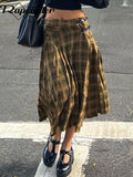 gwmlk Y2K Plaid Striped Pleated Skirts Vintage Prepply BeltCute England Midi Skirts Women Harajuku Streetwear Korean Outfits