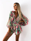 gwmlk Deep V Neck Jumpsuit For Women Summer Casual Boho Beach Vacation Outfit Female Fashion Print Lantern Sleeve Rompers Shorts