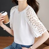 Gwmlk Hollow Short Sleeve White Blouse O Neck Women Simple T-shirt Elegant 2023 Tops New Casual Loose Ladies Shirt Blusas 26752